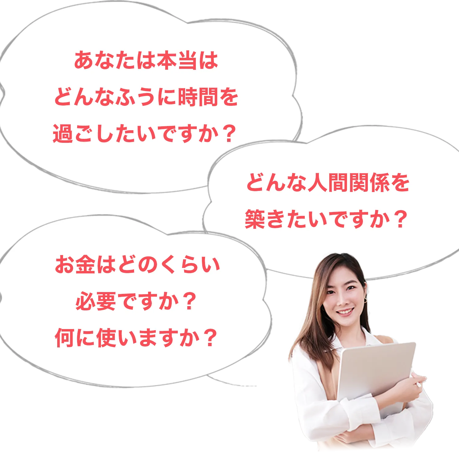 あなたは本当はどんなふうに時間を過ごしたいですか？ どんな人間関係を築きたいですか？ お金はどのくらい必要ですか？ 何に使いますか？