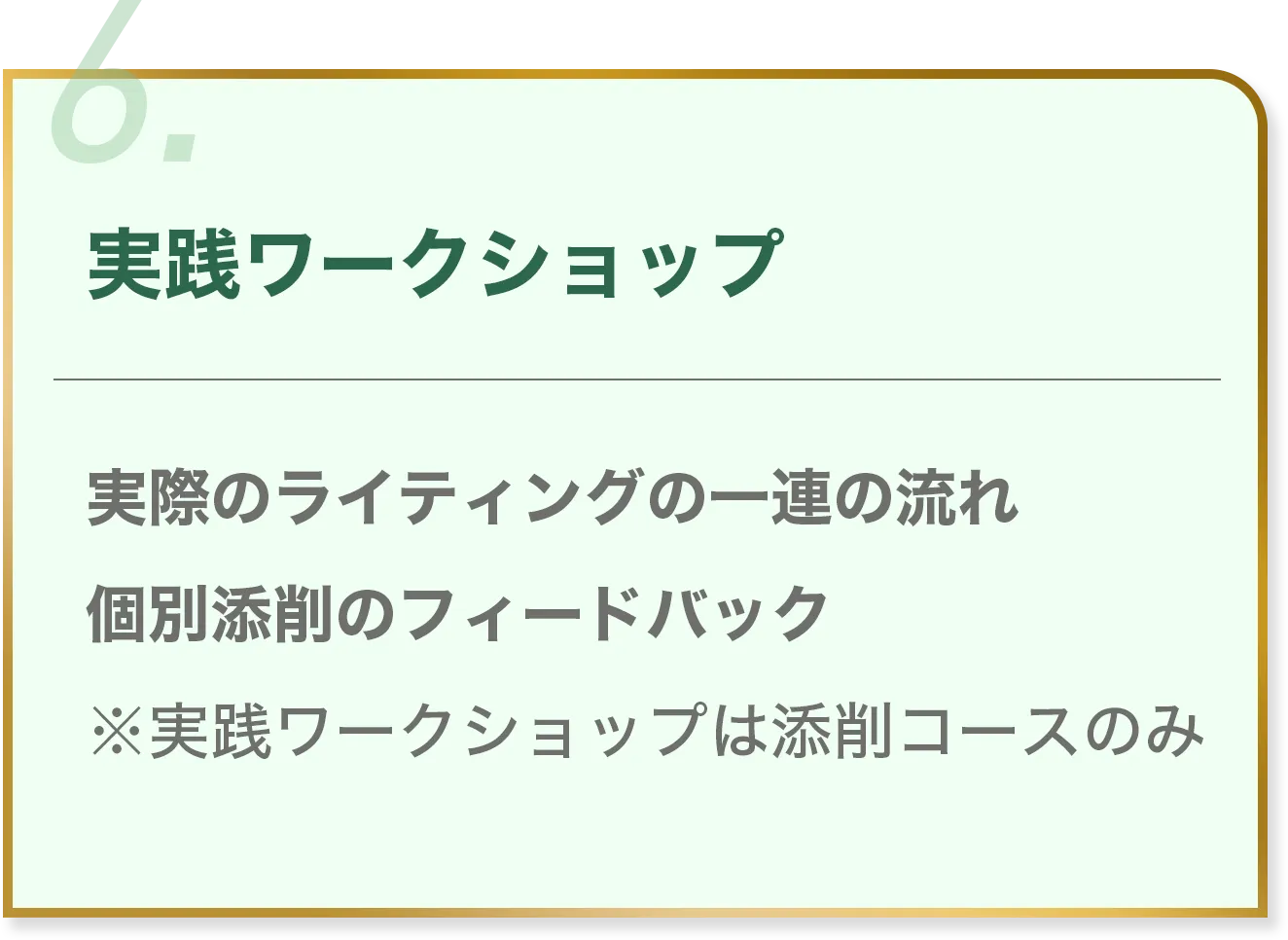 6.実践ワークショップ 実際のライティングの一連の流れ 個別添削のフィードバック ※実践ワークショップは添削コースのみ